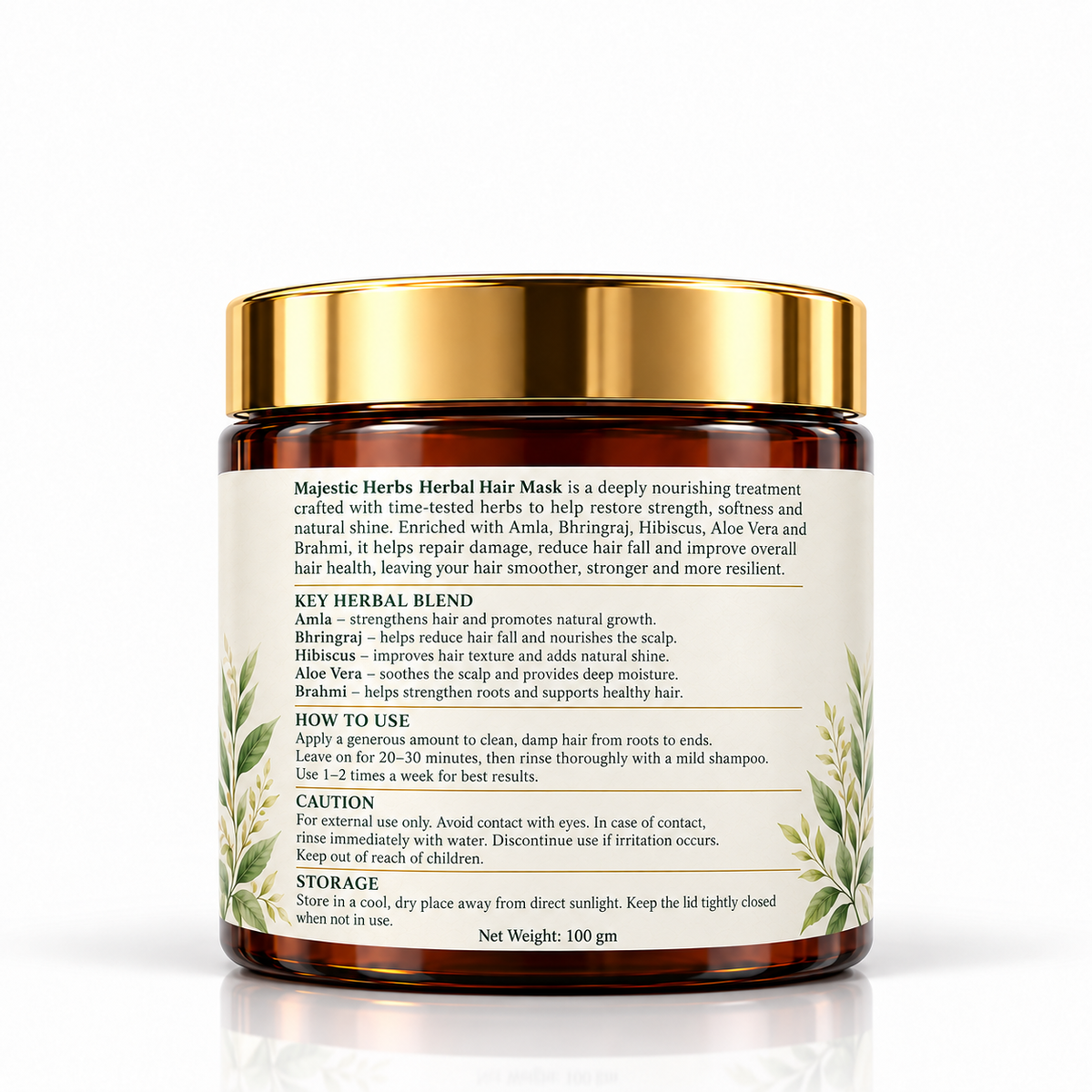 Majestic Herbs Herbal Hair Mask 100gm back label and product information