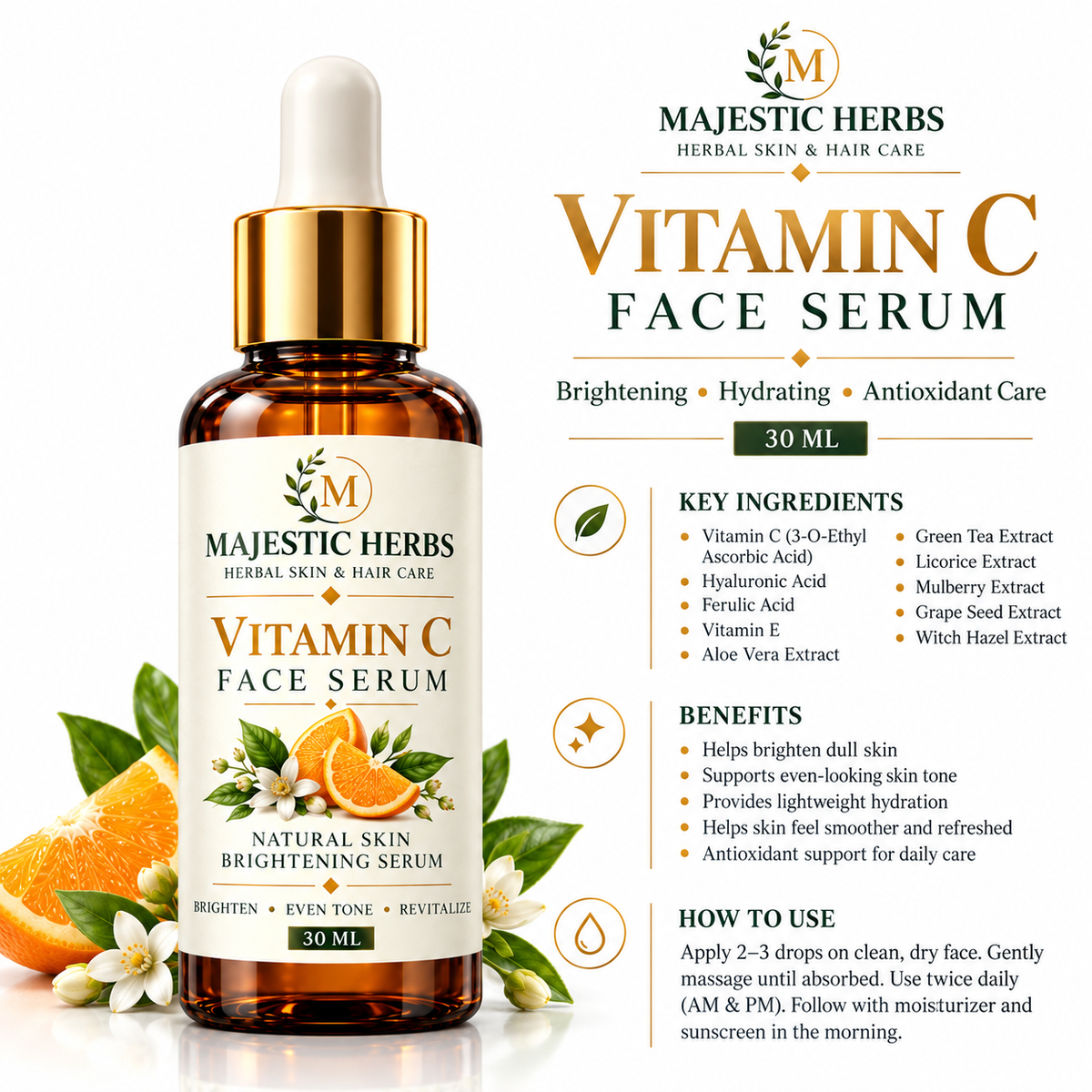 Majestic Herbs Vitamin C Face Serum ingredients and product benefits
