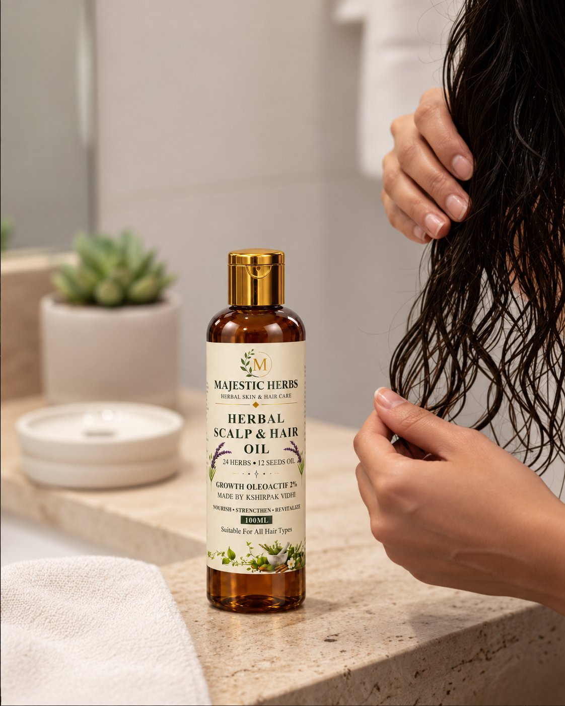 Woman applying Majestic Herbs Herbal Hair Oil for scalp and hair care
