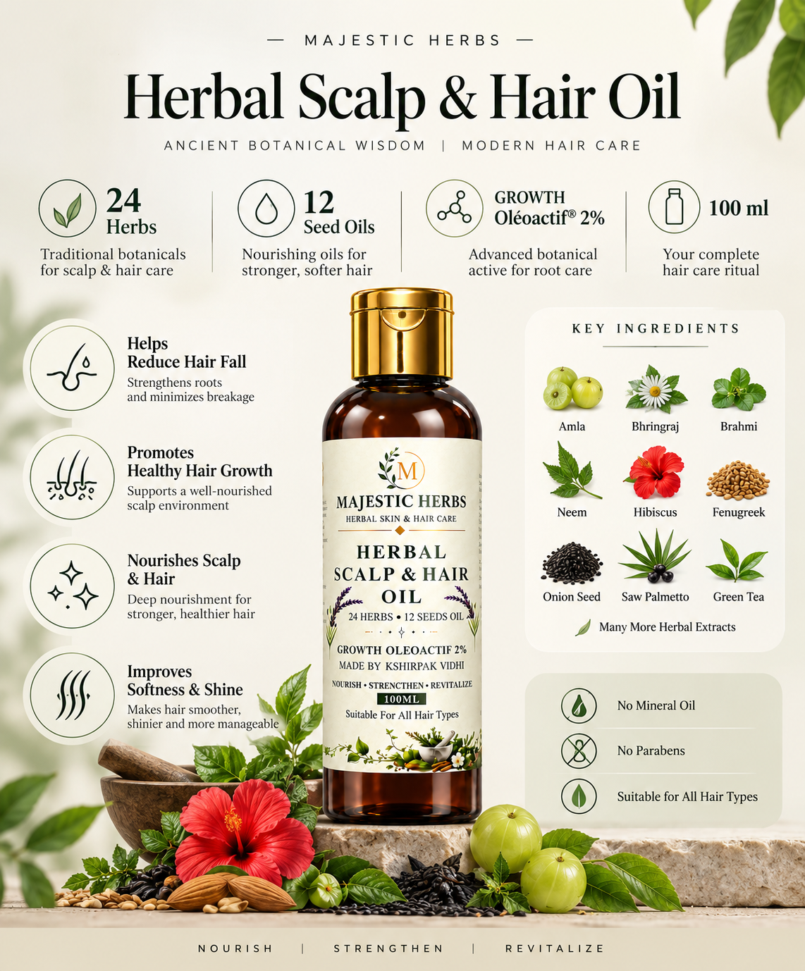 Majestic Herbs Herbal Hair Oil 24 botanicals benefits and ingredients