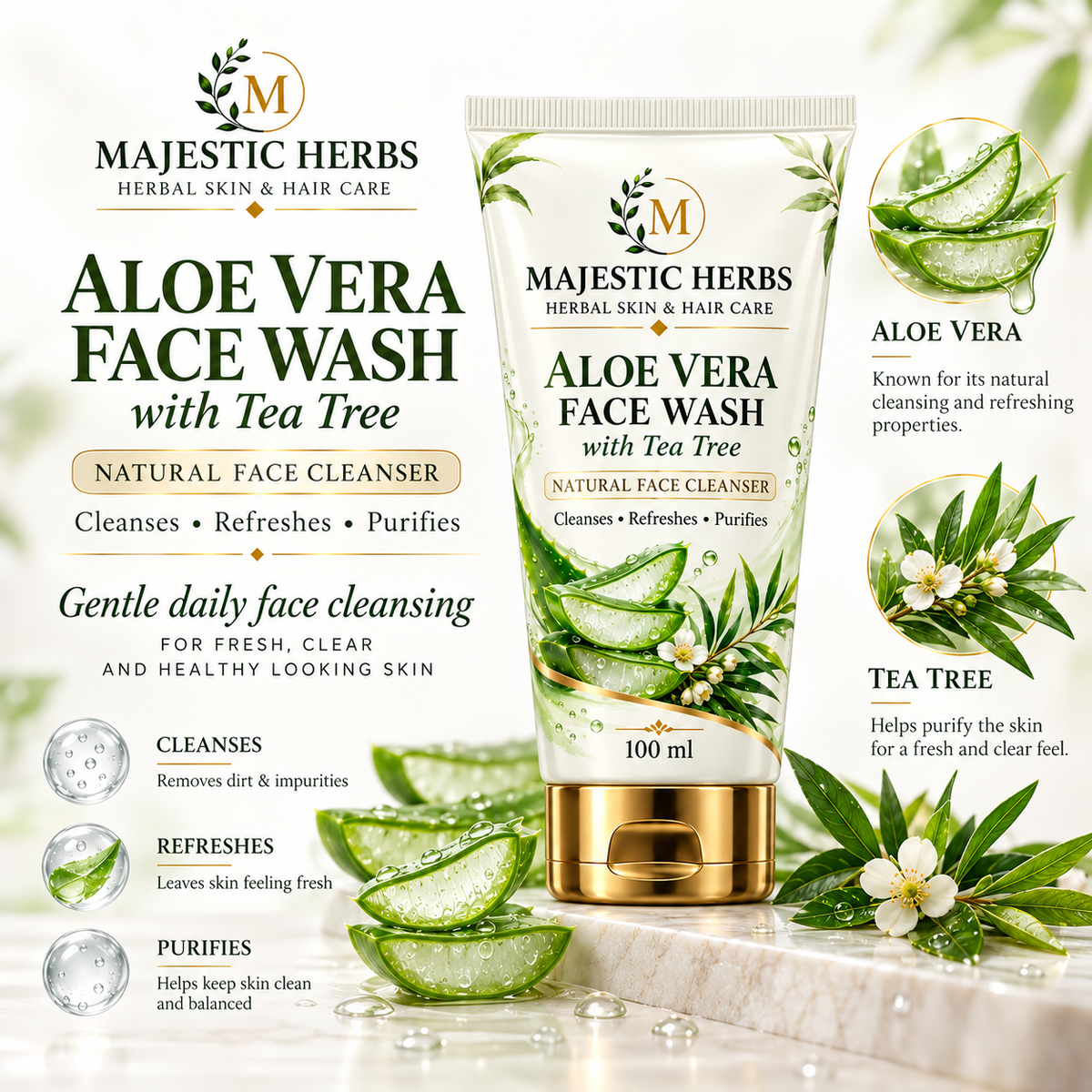 1. Majestic Herbs Aloe Vera Tea Tree Face Wash ingredients and product benefits