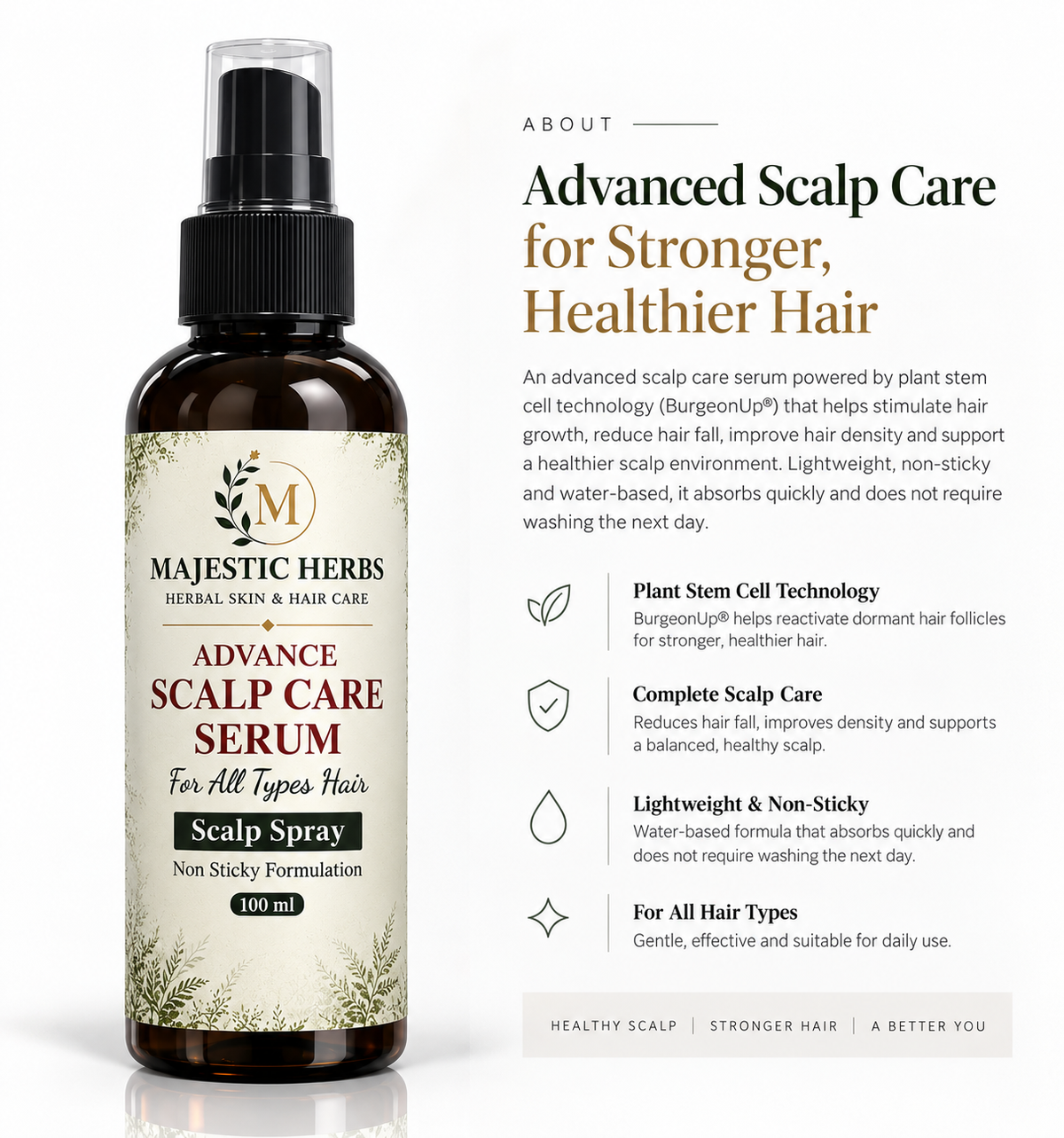 Majestic Herbs Advance Scalp Care Serum bottle with product information